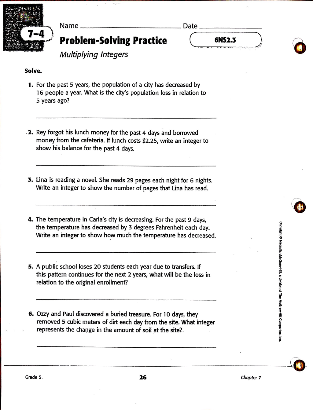 Multiplying Integers Grade 6 Worksheets