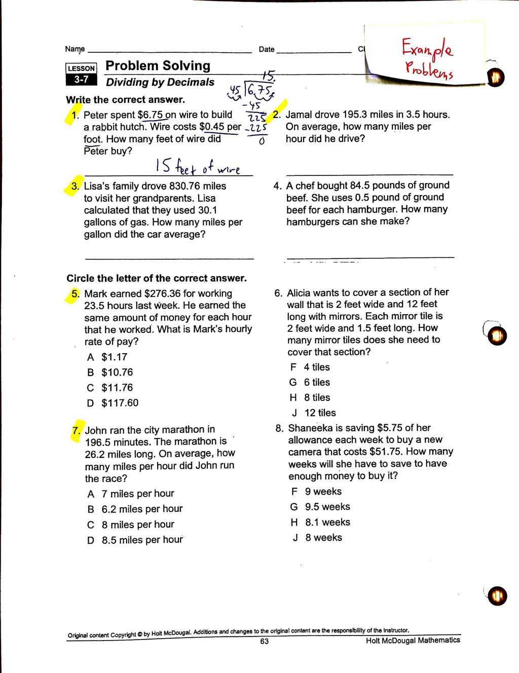 divide decimals lesson 5. 6 reteach answers